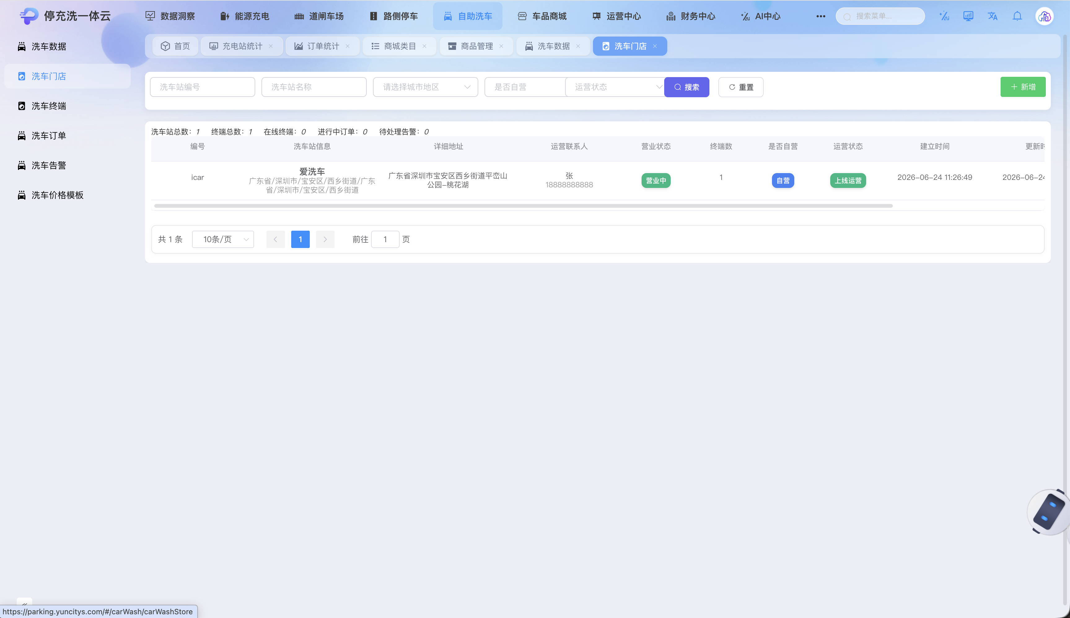 自助洗车门店与网点运营管理界面